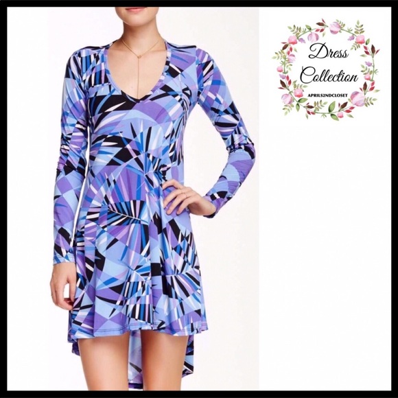 V-NECK A-LINE KNIT MINI DRESS LONG SLEEVES BOHO FESTIVAL PRINT FLOWY TUNIC A2C - Picture 4 of 8